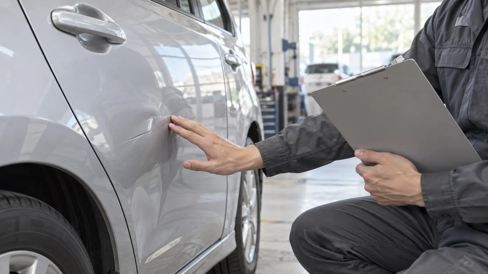 工場で車の損傷箇所を確認する職人の手元