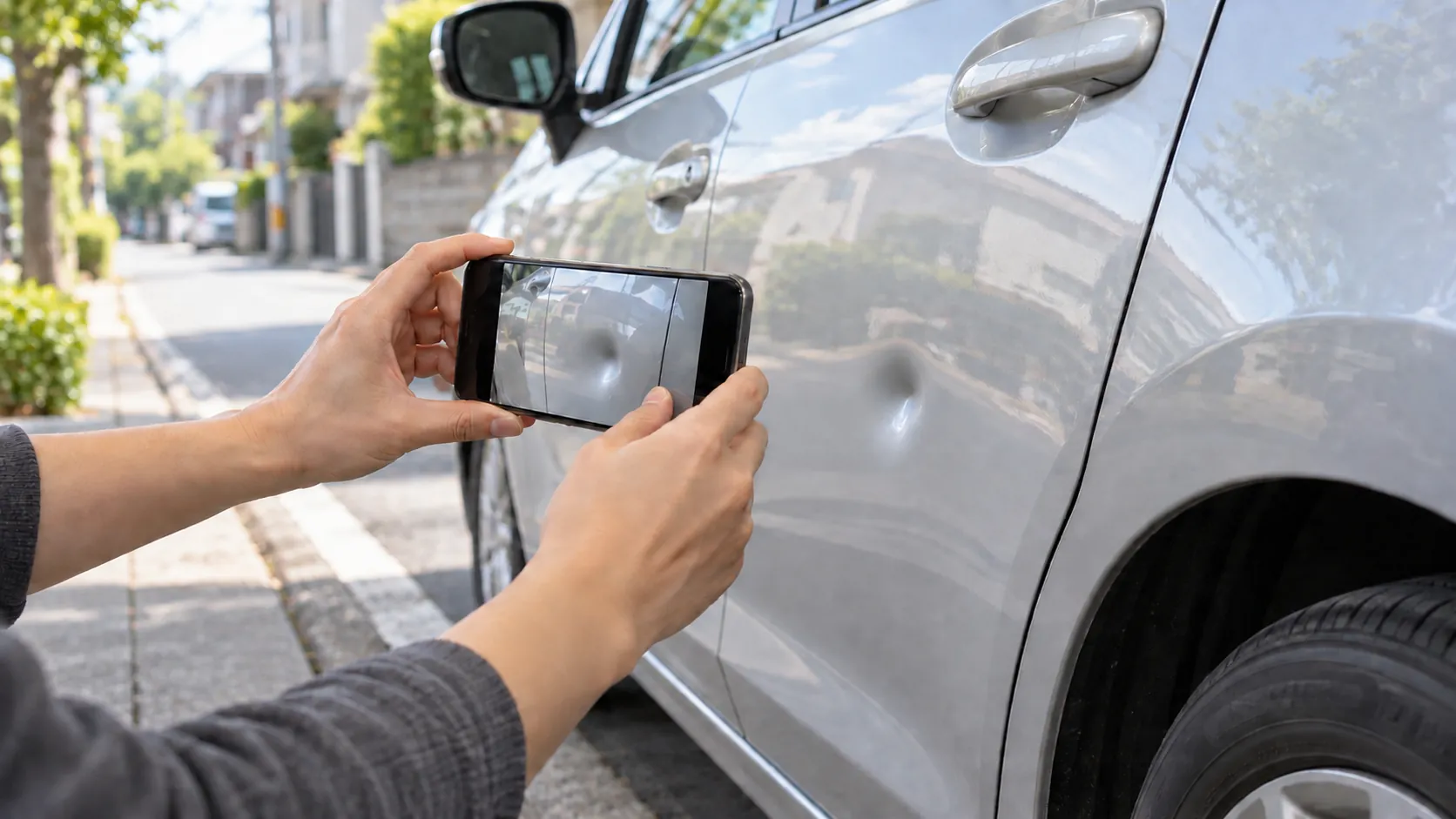 一般道路沿いの安全な場所に停車したグレーの車のへこみをスマートフォンで撮影する手元