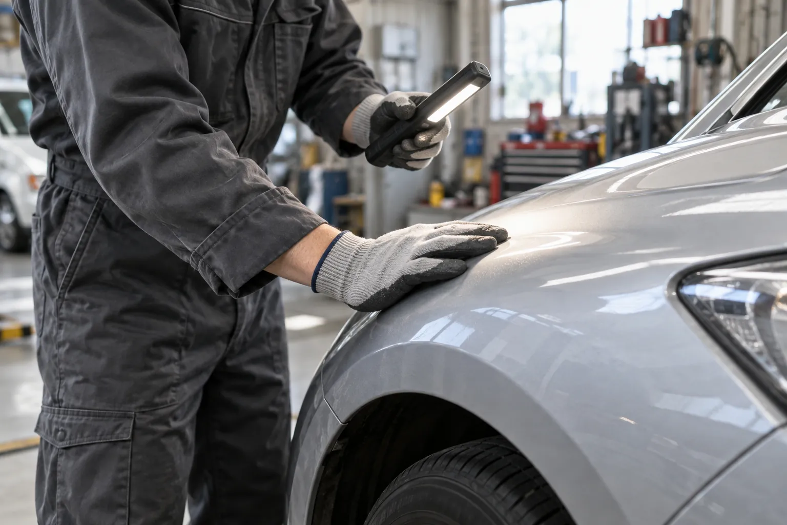 車体の仕上がりを確かめる職人の手元